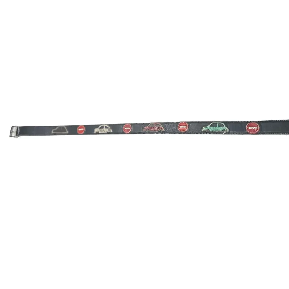 Vintage Unisex Italian Genuine Black Leather Belt Cars & Road Signs – 47” Long